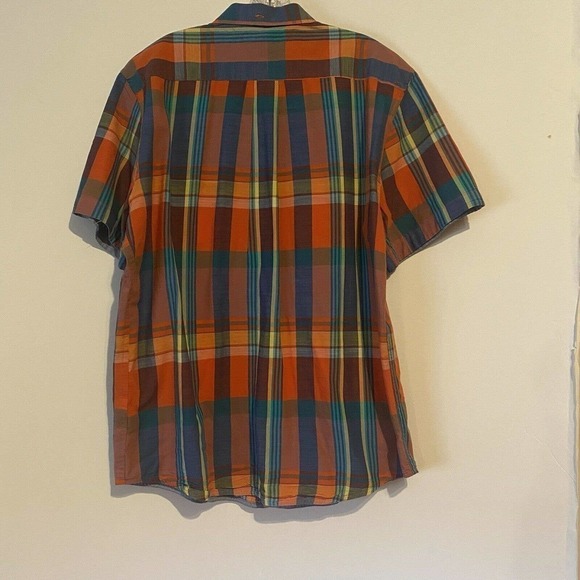TOMMY Hilfiger Button Up Shirt Short Sleeve Orange Blue Plaid Checks Large - Picture 4 of 9